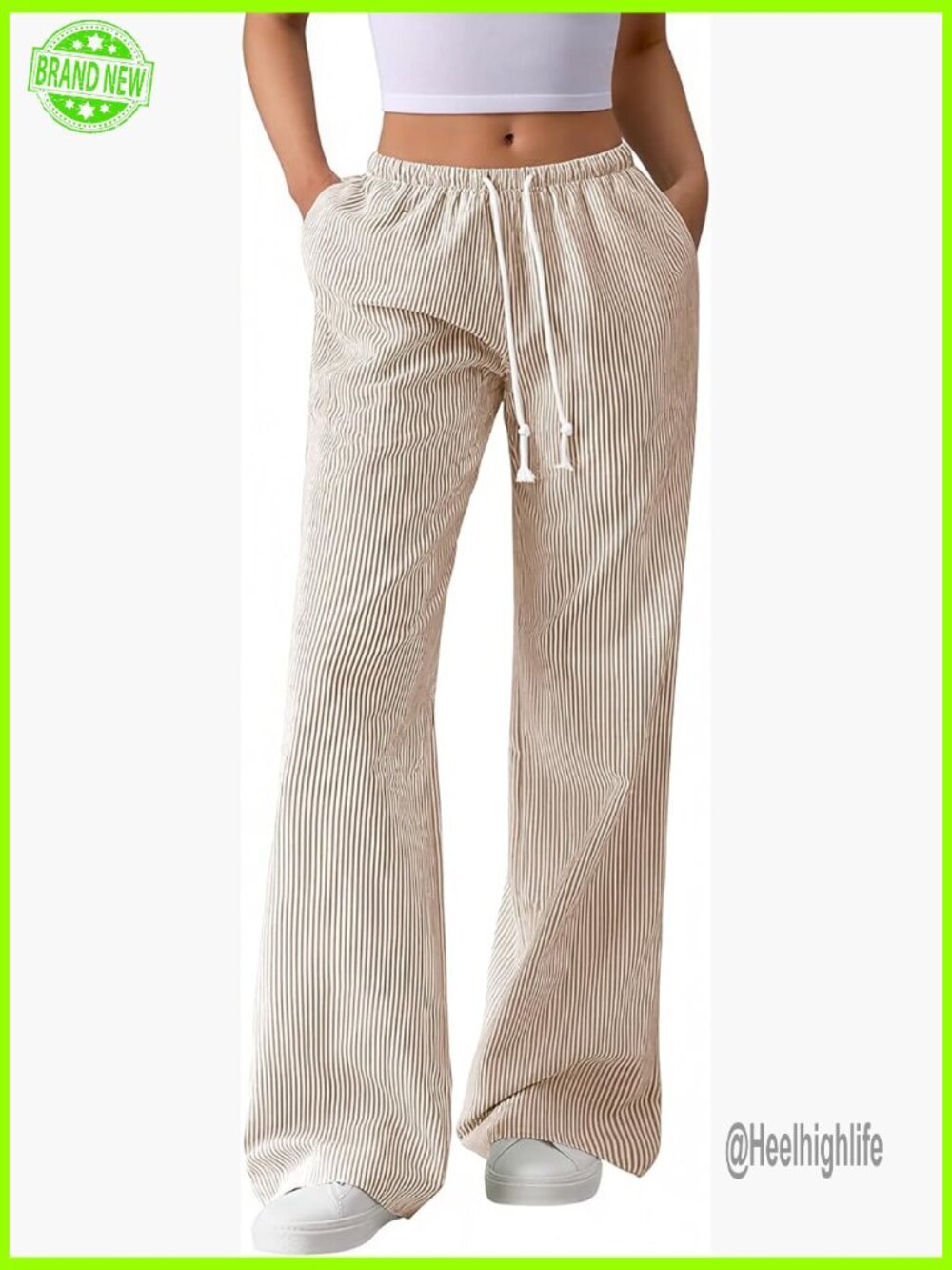 Striped Wide Leg Pants with Pockets Drawstring Elastic High Waist Lounge Beach